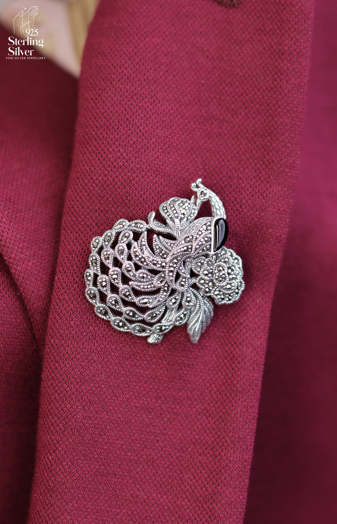 Exquisite Peacock 925 Sterling Silver Marcasite Brooch Pendant