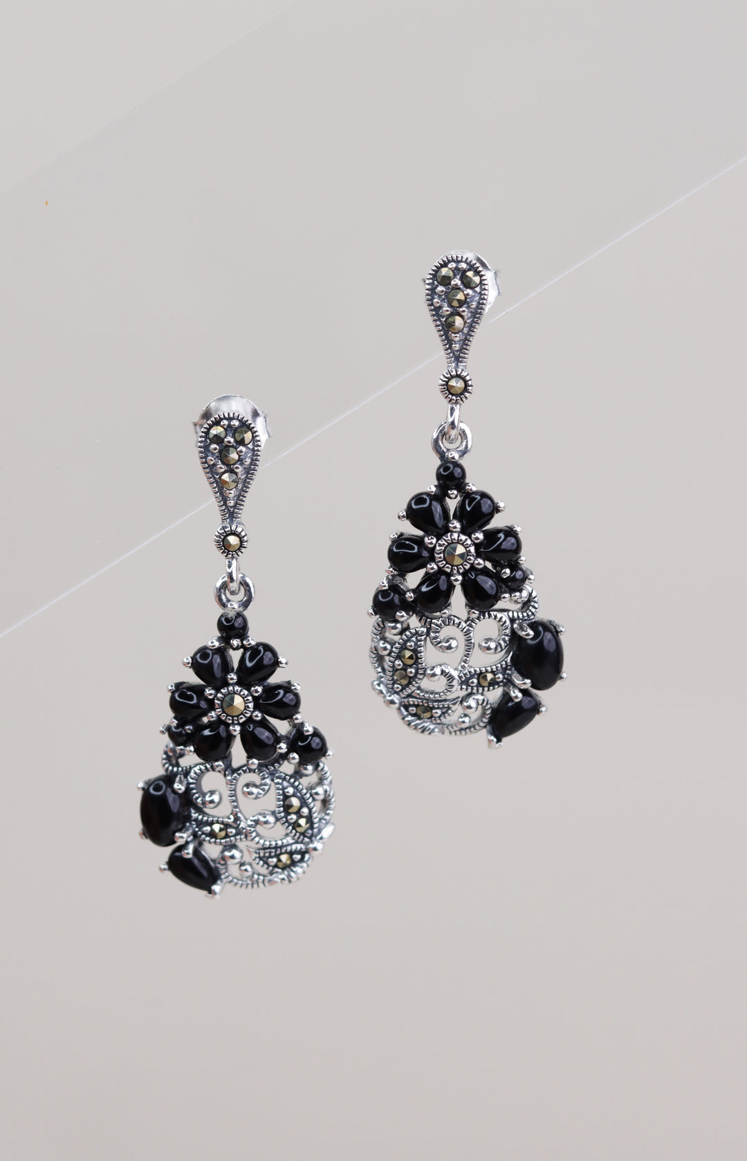 Onyx Marcasite 925 Sterling Silver Earrings