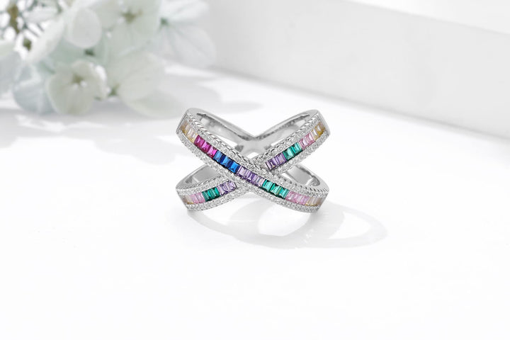 Rainbow Stones 925 Sterling Silver Women Cross Ring